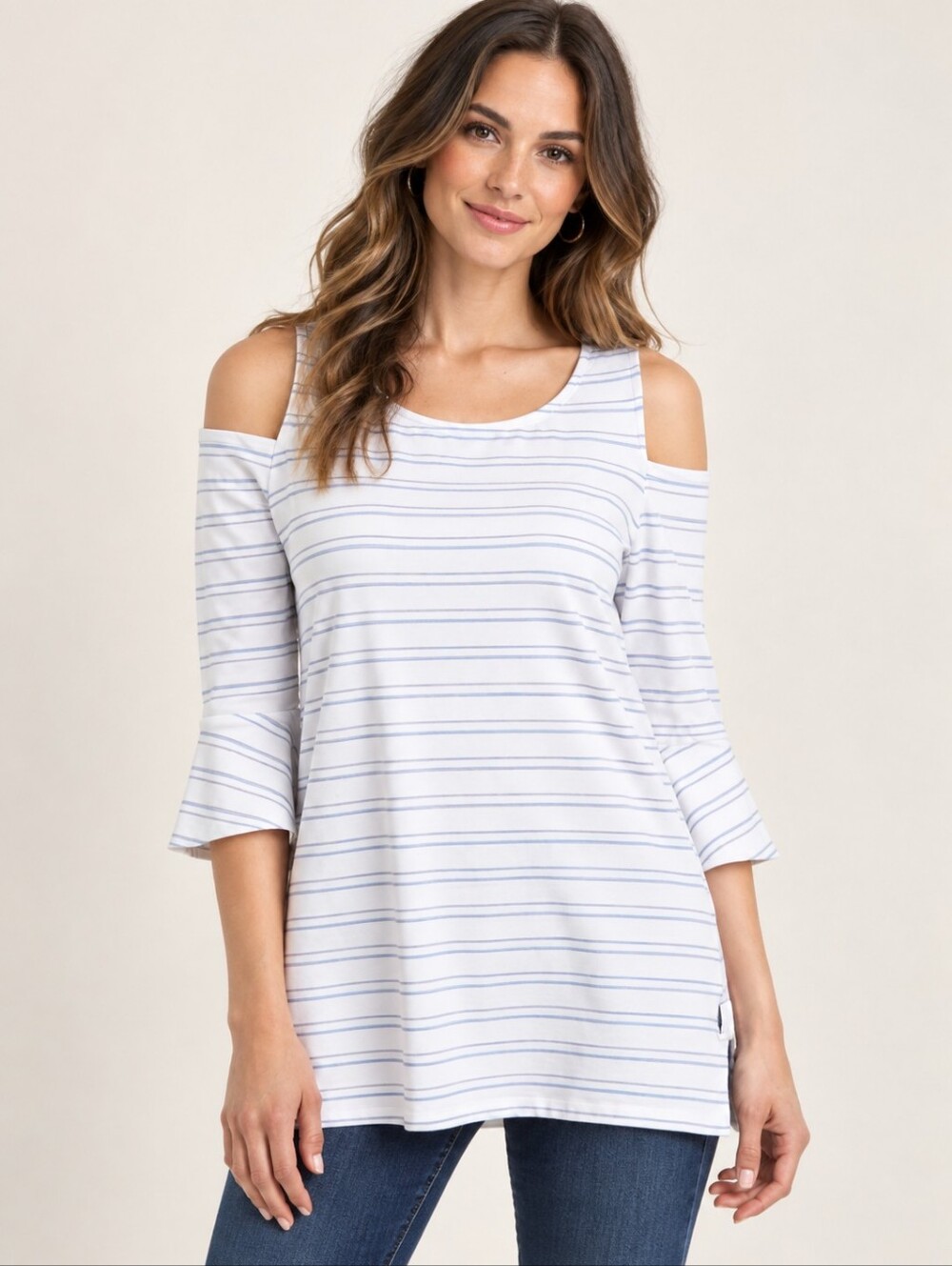 ❤ TYLER BOE COLD SHOULDER STRIPED TOP IN STRETCH COTTON STRIPE, SMALL